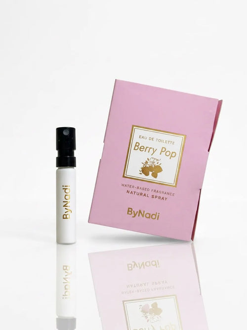 Berry Pop Eau de Toilette sample spray by ByNadi with pink packaging and mini perfume vial